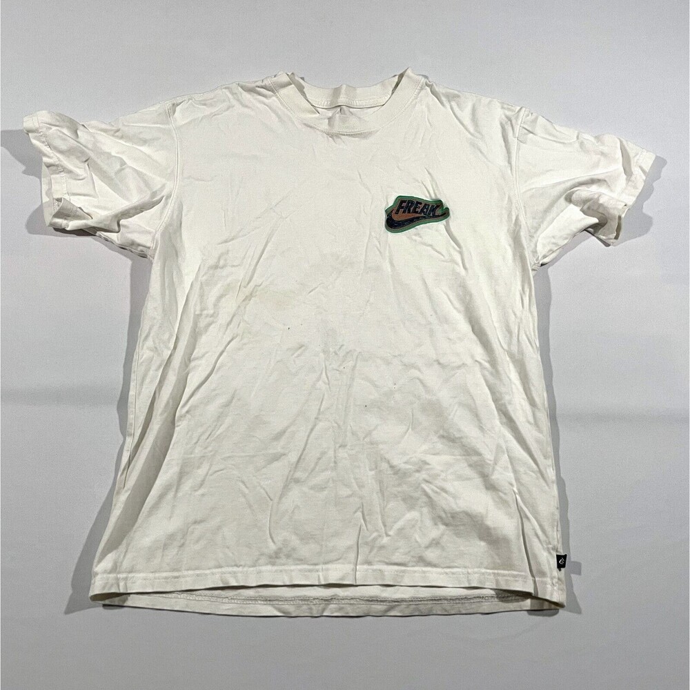 Nike Shirt Mens White Freak Logo Short Sleeve Loose Fit Cotton Tee Sz S STAIN